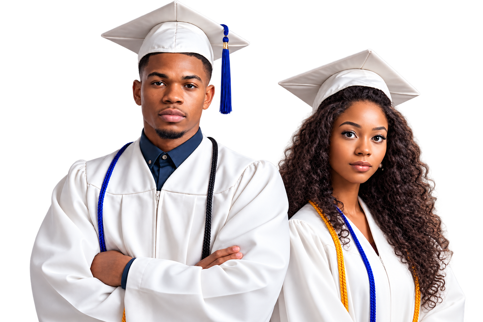 Young African male and female graduates in white caps and gowns smiling, representing students of Akahilz E-Learning Academy